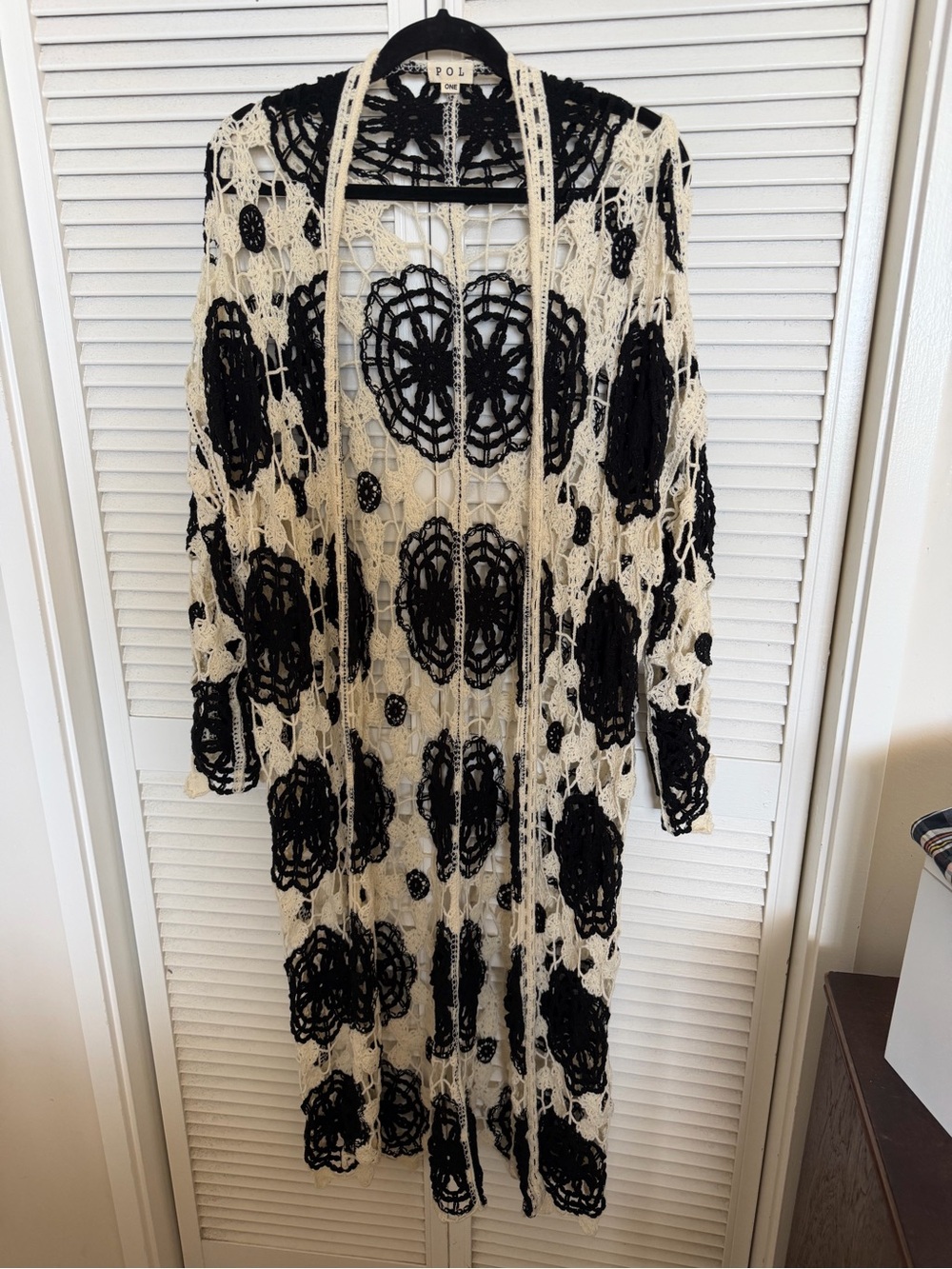POL Black & Cream Crochet Open-Knit Cardigan NWOT